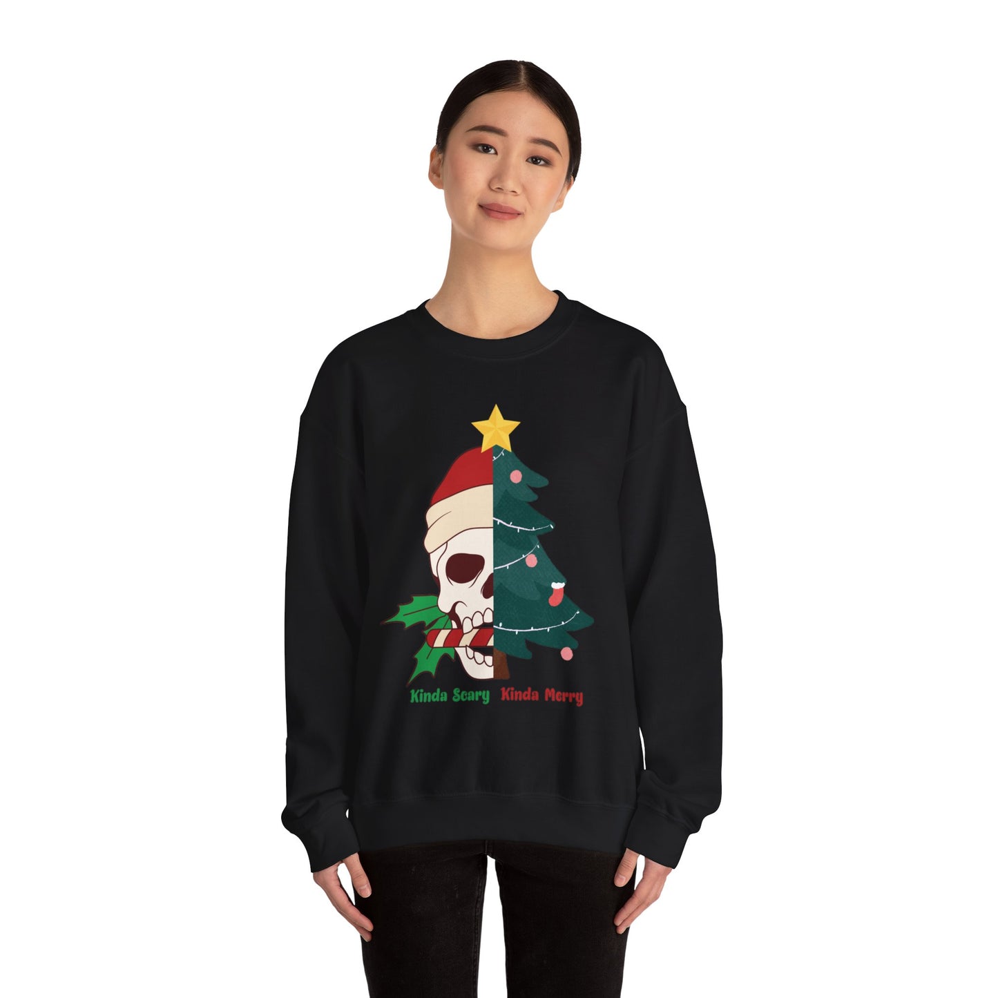 Kinda Scary Kinda Merry Crewneck, Funny Christmas Sweatshirt, Cute Spooky Season Sweater, Custom Christmas Skeleton Sweatshirt, Unisex