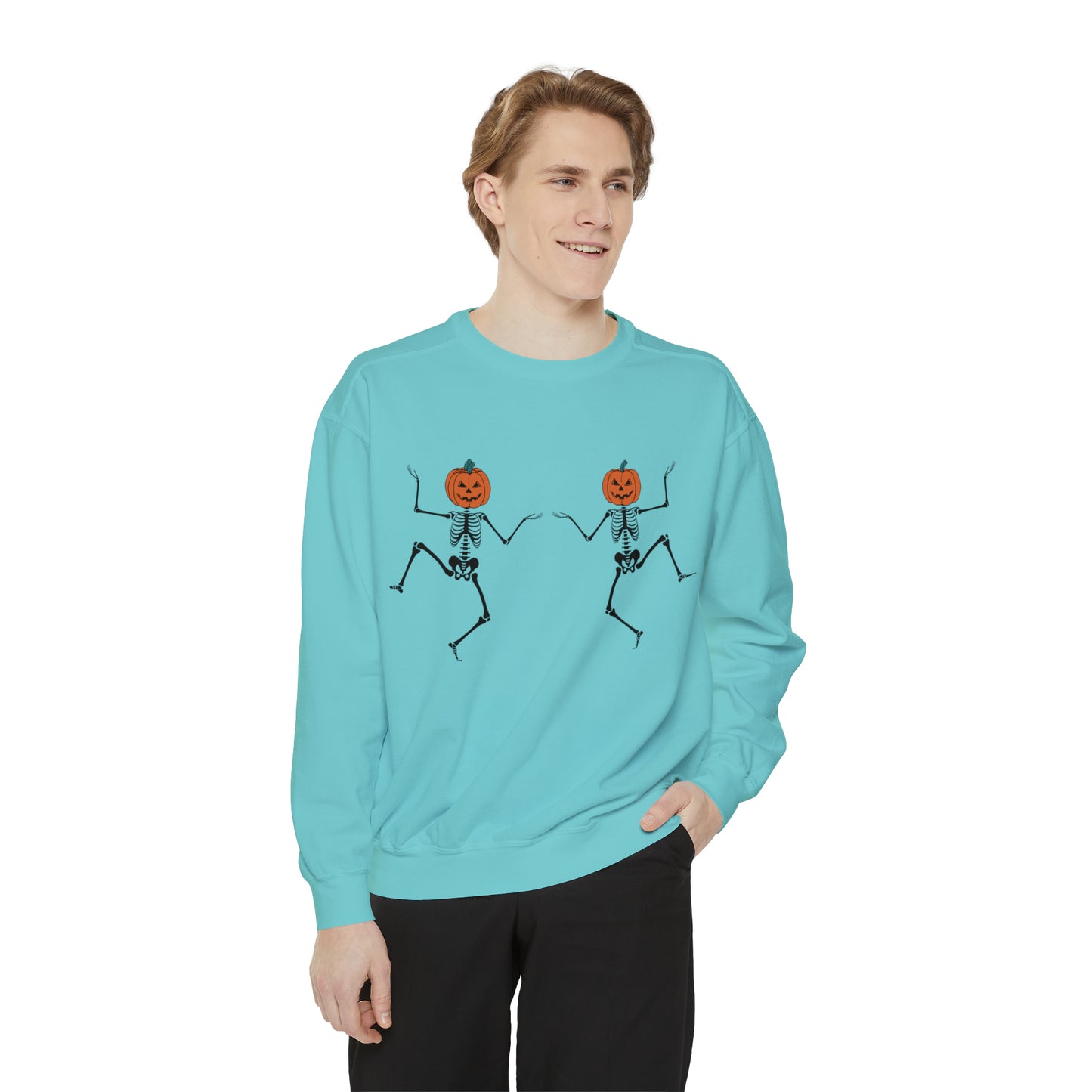 Pumpkin Skeletons Dancing, Comfort Colors, Crewneck, Unisex Garment-Dyed Sweatshirt