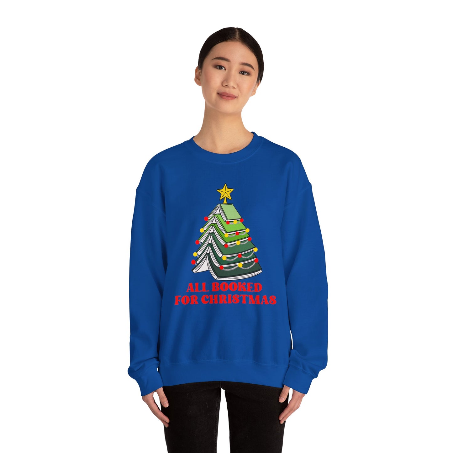 All Booked For Christmas Sweatshirt, Custom Book Lover Christmas Gift, Gift for Book Lover, Cute Book Christmas Tree Sweater, Book club