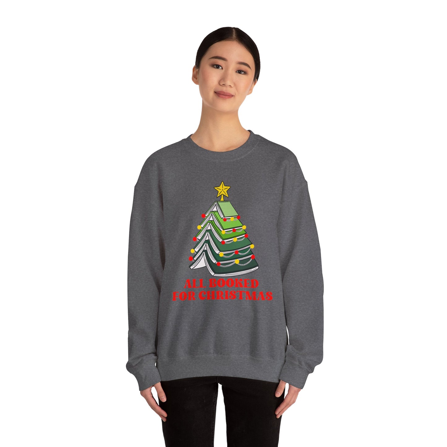 All Booked For Christmas Sweatshirt, Custom Book Lover Christmas Gift, Gift for Book Lover, Cute Book Christmas Tree Sweater, Book club
