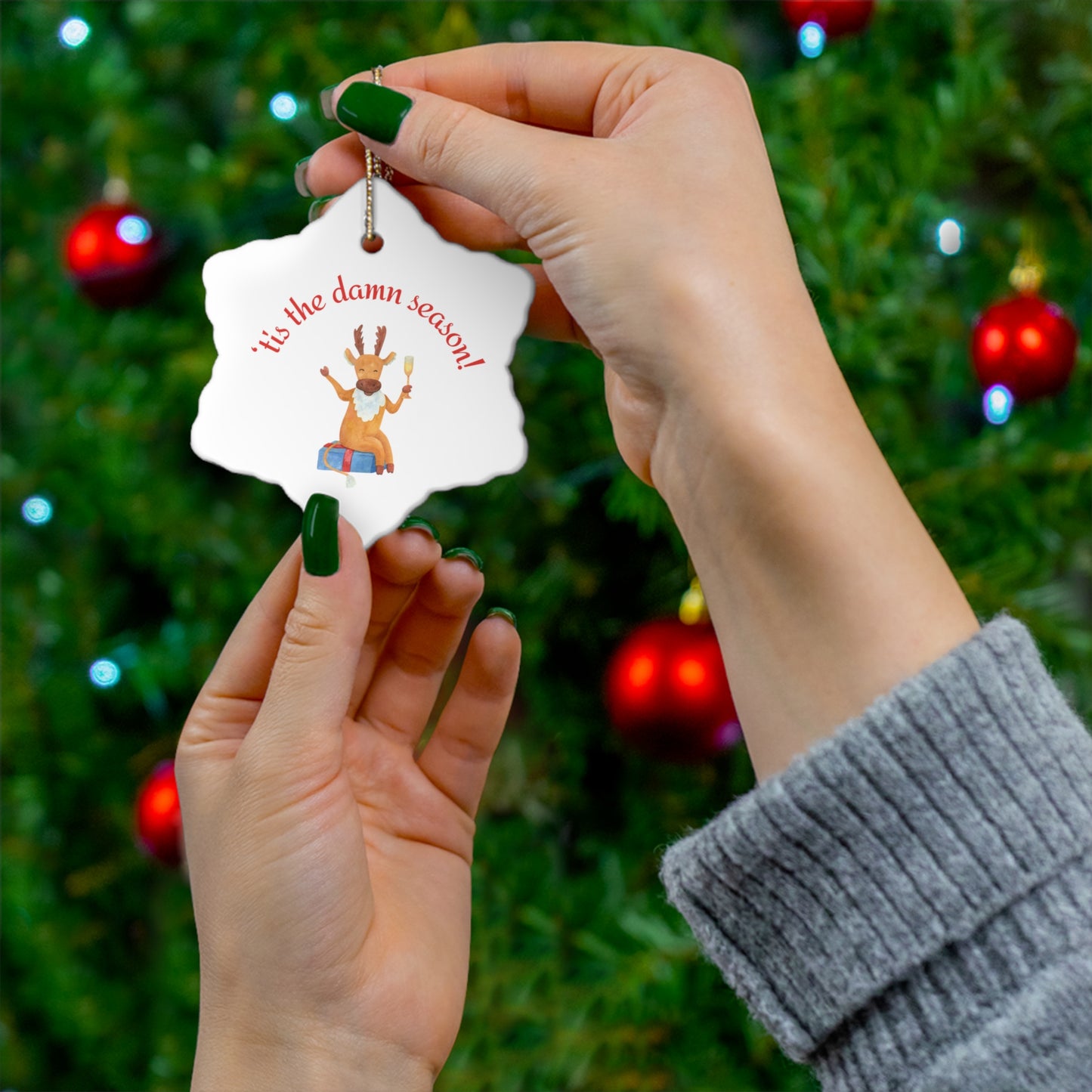 Tis the damn Season Christmas ornament, Holiday Ornament, Funny Gift, Christmas Tree Decor, 4 Shapes, Drinking Reindeer, Funny Reindeer