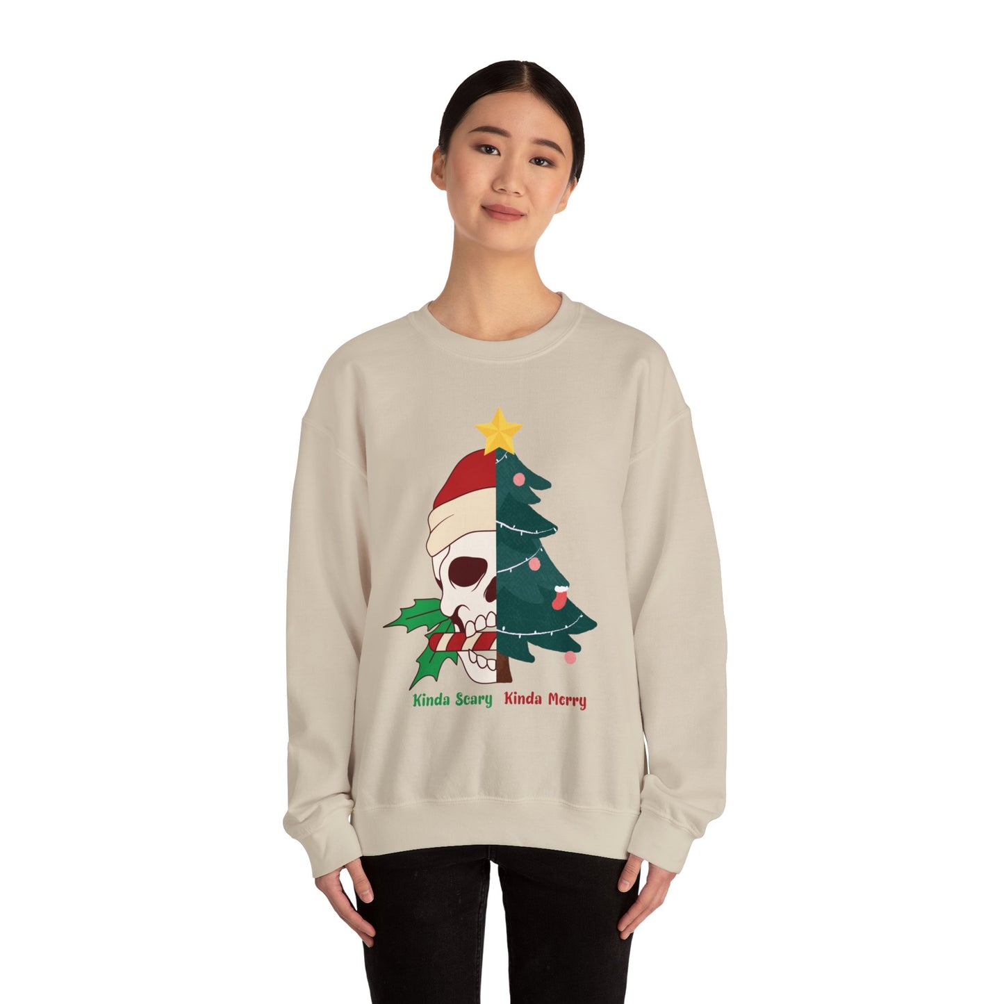 Kinda Scary Kinda Merry Crewneck, Funny Christmas Sweatshirt, Cute Spooky Season Sweater, Custom Christmas Skeleton Sweatshirt, Unisex