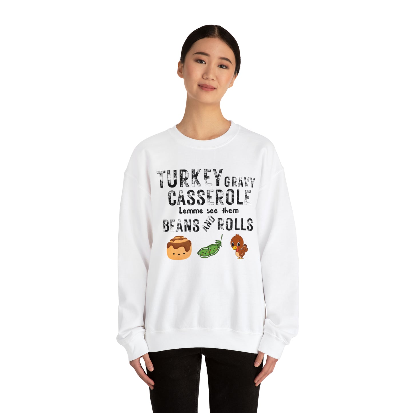 Funny Turkey Thanksgiving Unisex Crewneck Sweatshirt, Turkey Gravy Beans and Rolls, Casserole Sweatshirt