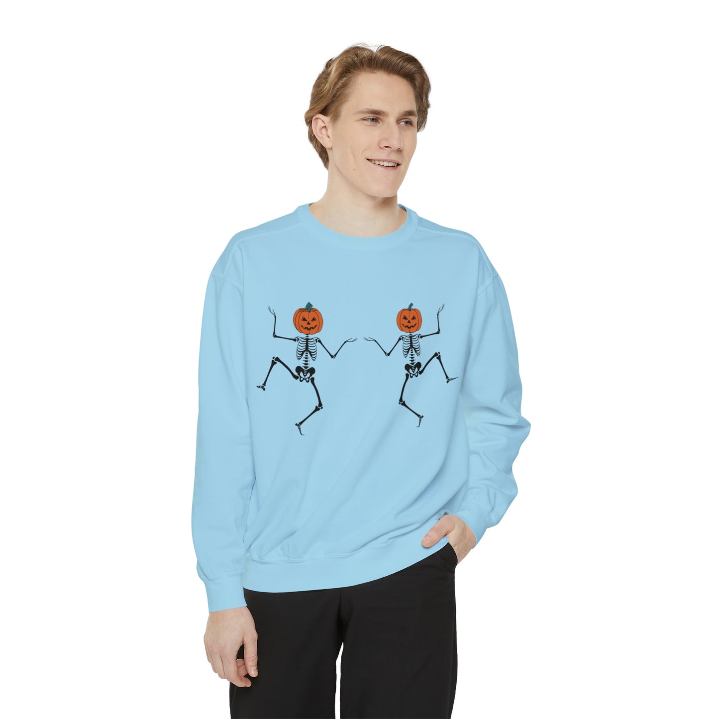 Pumpkin Skeletons Dancing, Comfort Colors, Crewneck, Unisex Garment-Dyed Sweatshirt