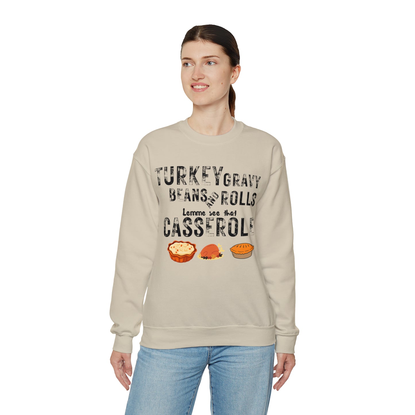 Turkey Thanksgiving Unisex Crewneck Sweatshirt, Turkey Gravy Beans and Rolls, Casserole Sweatshirt