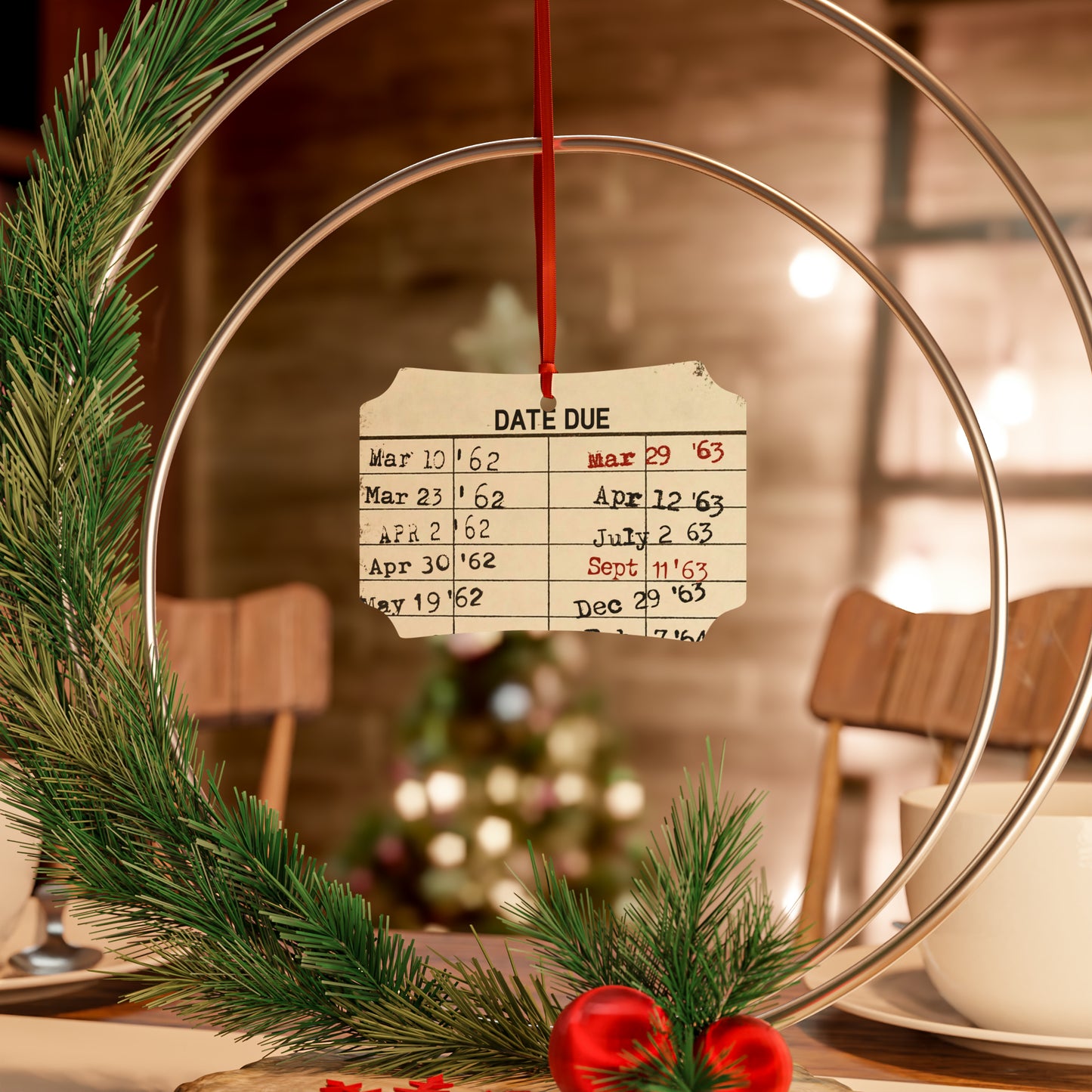 Christmas Vintage Library Due Date Aluminum Ornament (1pc, 5pcs, 10pcs, 20pcs), Retro library, Librarian Ornament, Christmas Tree Decoration