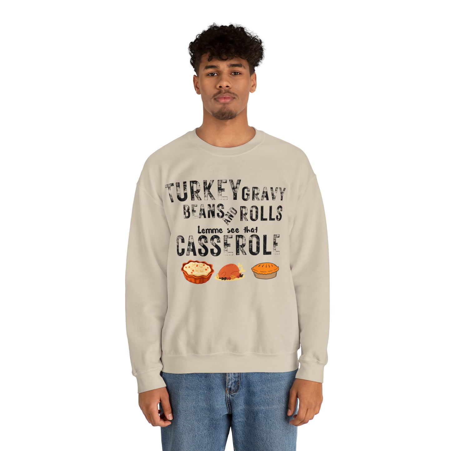 Turkey Thanksgiving Unisex Crewneck Sweatshirt, Turkey Gravy Beans and Rolls, Casserole Sweatshirt
