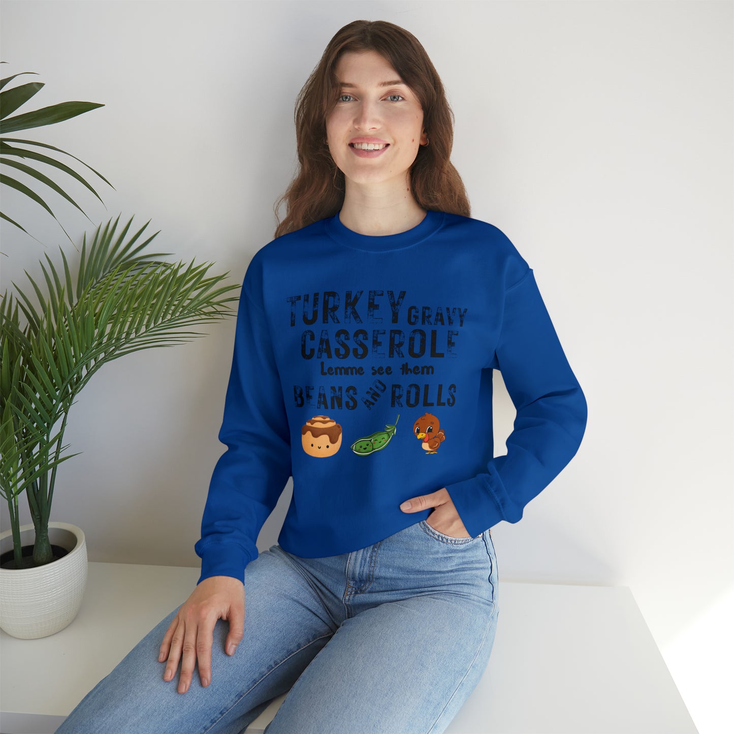 Funny Turkey Thanksgiving Unisex Crewneck Sweatshirt, Turkey Gravy Beans and Rolls, Casserole Sweatshirt