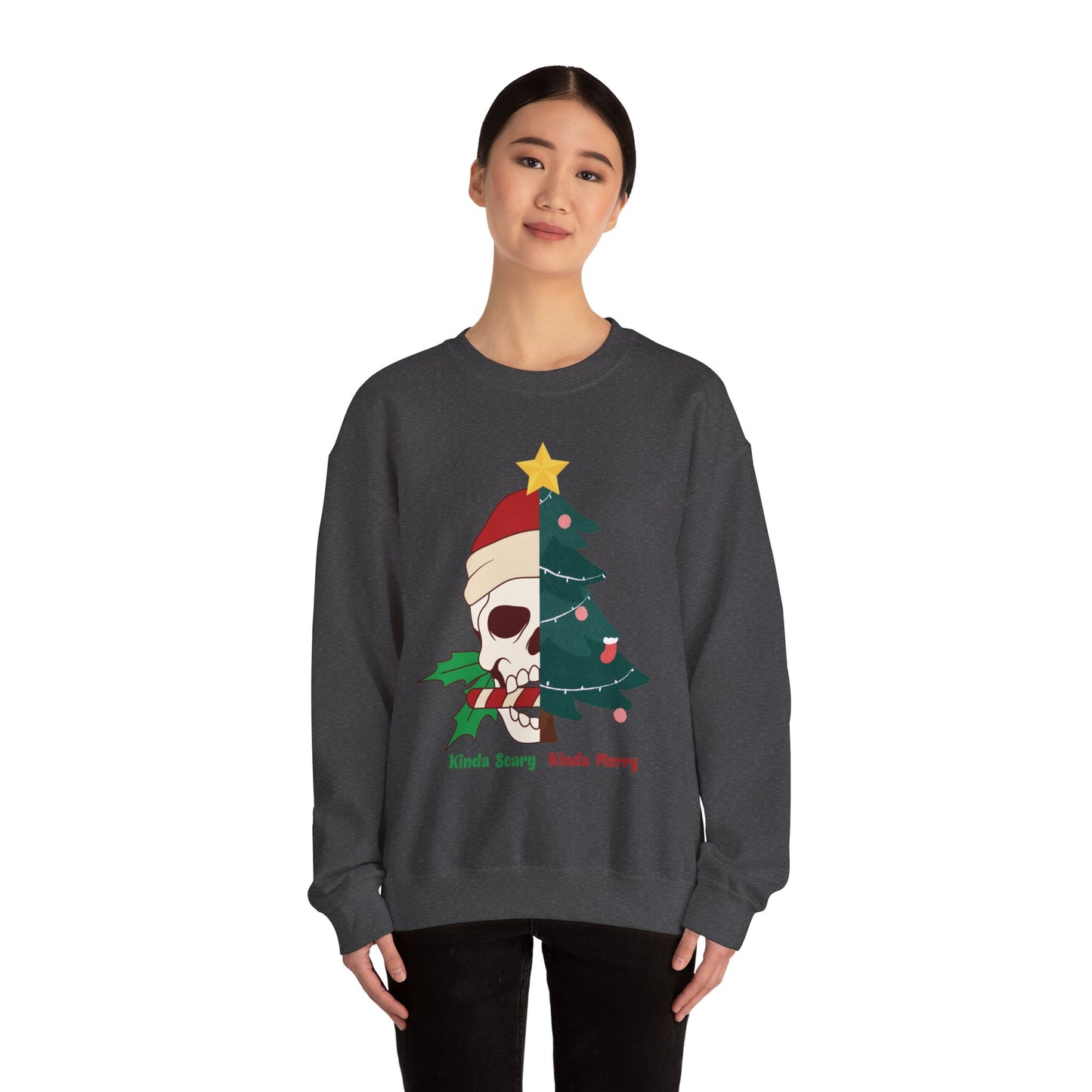 Kinda Scary Kinda Merry Crewneck, Funny Christmas Sweatshirt, Cute Spooky Season Sweater, Custom Christmas Skeleton Sweatshirt, Unisex
