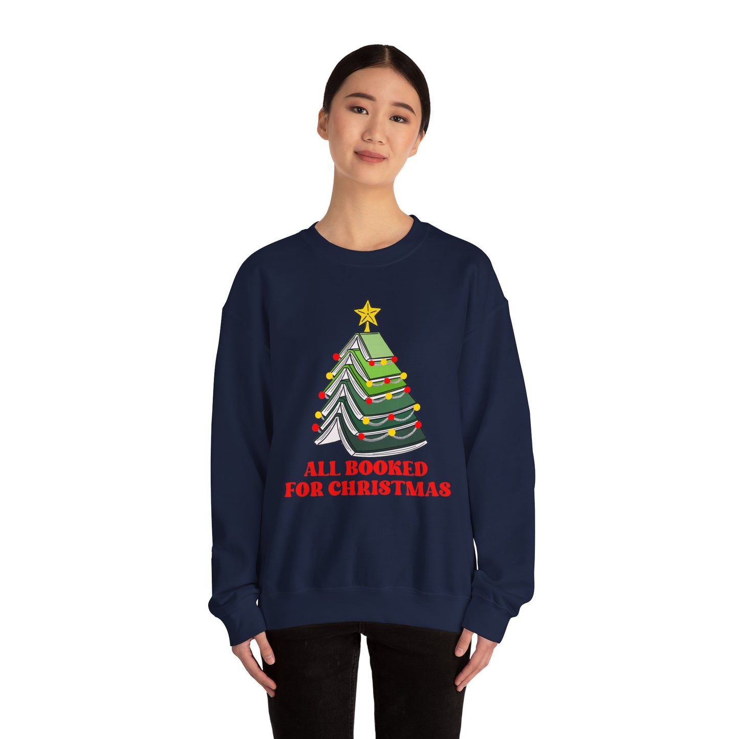 All Booked For Christmas Sweatshirt, Custom Book Lover Christmas Gift, Gift for Book Lover, Cute Book Christmas Tree Sweater, Book club