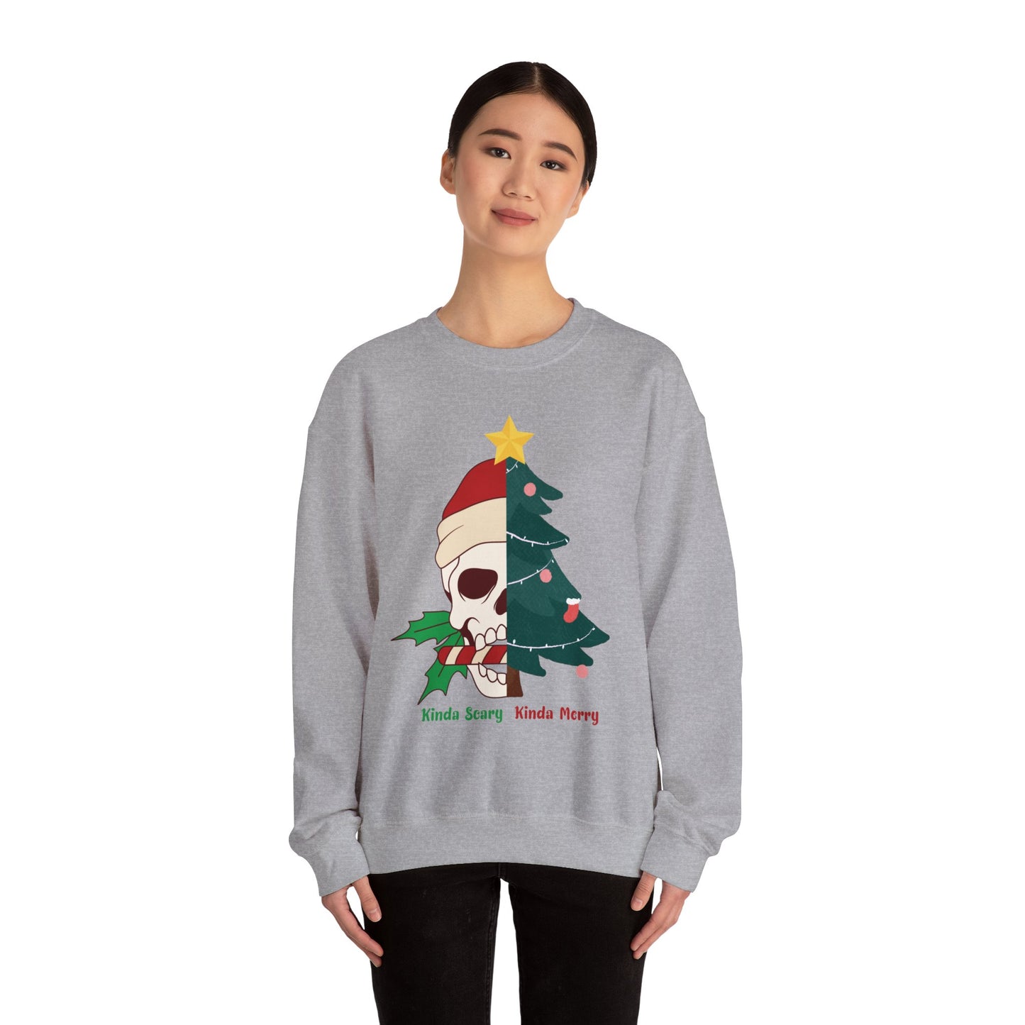 Kinda Scary Kinda Merry Crewneck, Funny Christmas Sweatshirt, Cute Spooky Season Sweater, Custom Christmas Skeleton Sweatshirt, Unisex