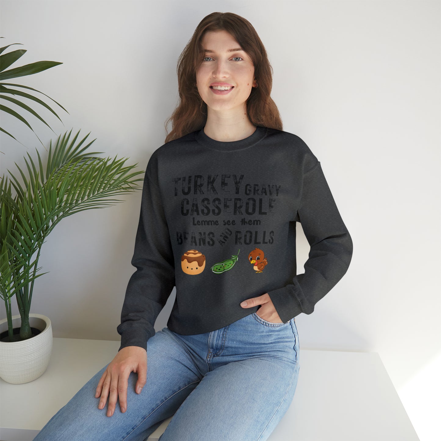 Funny Turkey Thanksgiving Unisex Crewneck Sweatshirt, Turkey Gravy Beans and Rolls, Casserole Sweatshirt