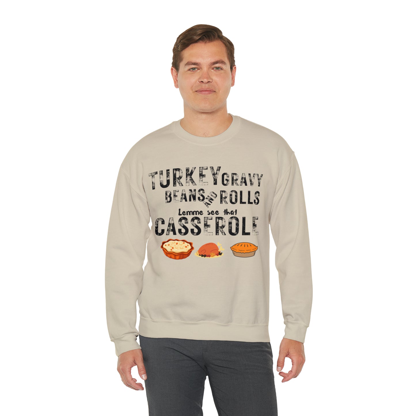 Turkey Thanksgiving Unisex Crewneck Sweatshirt, Turkey Gravy Beans and Rolls, Casserole Sweatshirt
