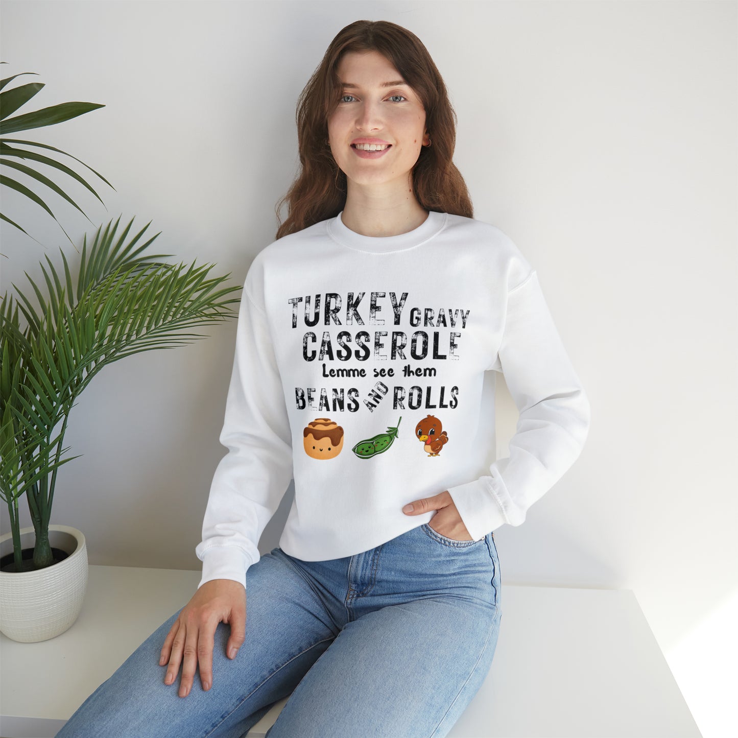 Funny Turkey Thanksgiving Unisex Crewneck Sweatshirt, Turkey Gravy Beans and Rolls, Casserole Sweatshirt
