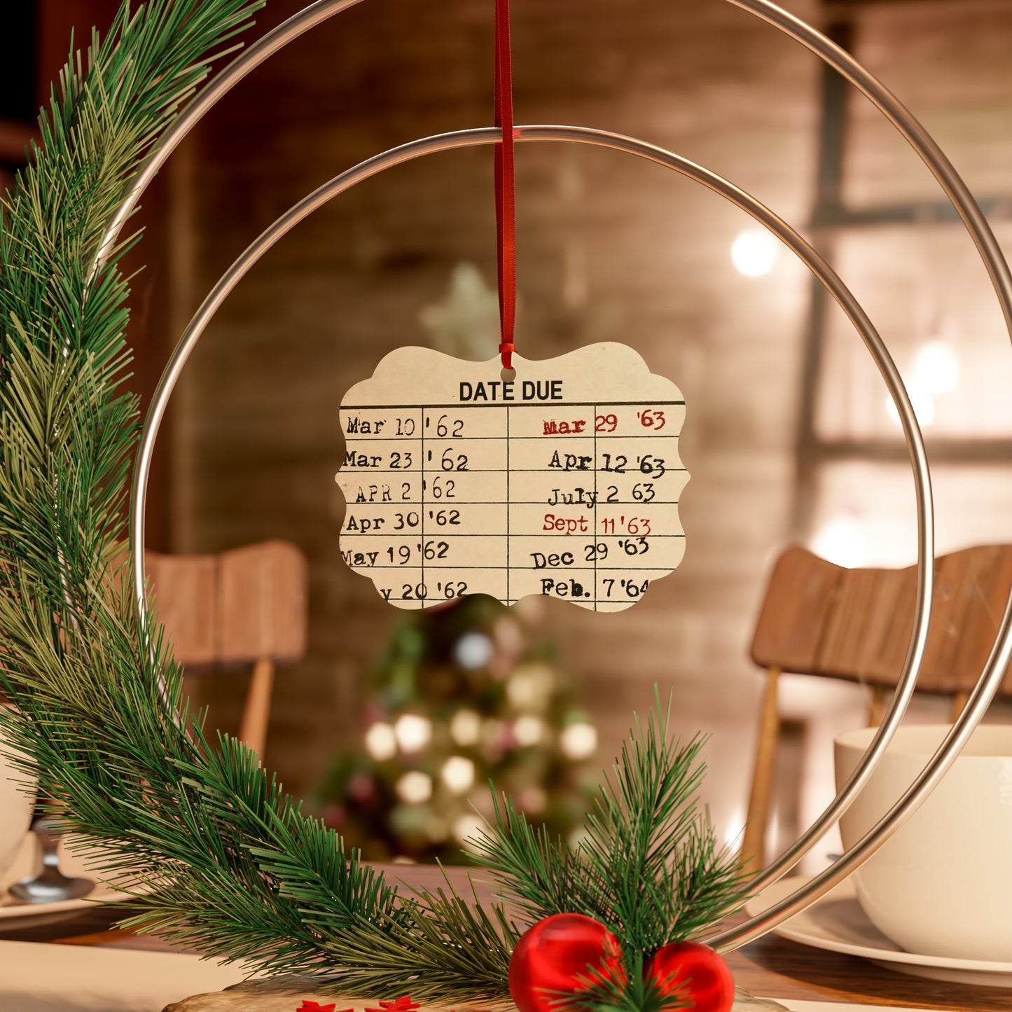 Christmas Vintage Library Due Date Aluminum Ornament (1pc, 5pcs, 10pcs, 20pcs), Retro library, Librarian Ornament, Christmas Tree Decoration