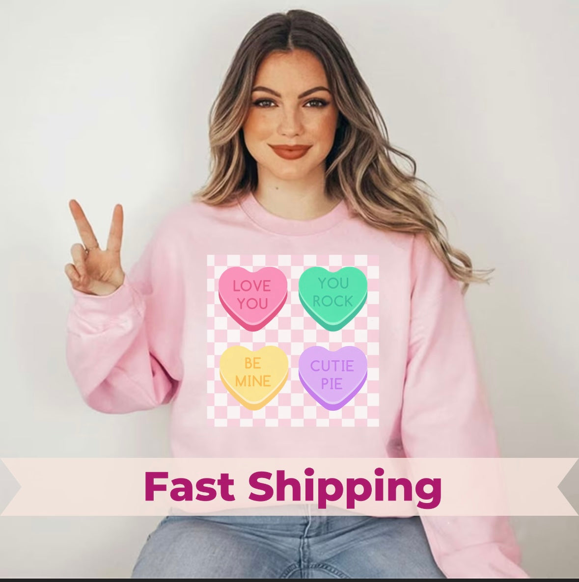 Love Checkerboard Heart Crewneck Sweatshirt, Valentines Day Candy Sweater, Cute Love Tee, Pullover, gift for her, Valetines Day Candy Gift