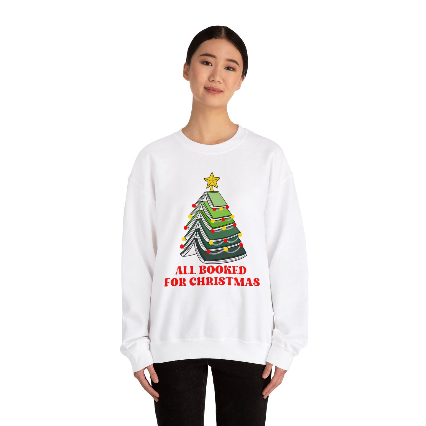 All Booked For Christmas Sweatshirt, Custom Book Lover Christmas Gift, Gift for Book Lover, Cute Book Christmas Tree Sweater, Book club