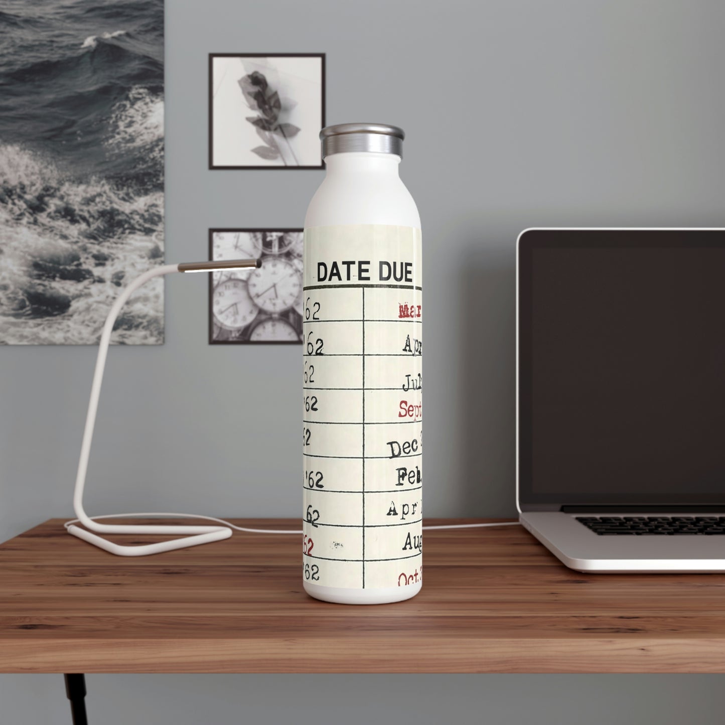 Vintage Library Due Date Slim Water Bottle, 20oz, White
