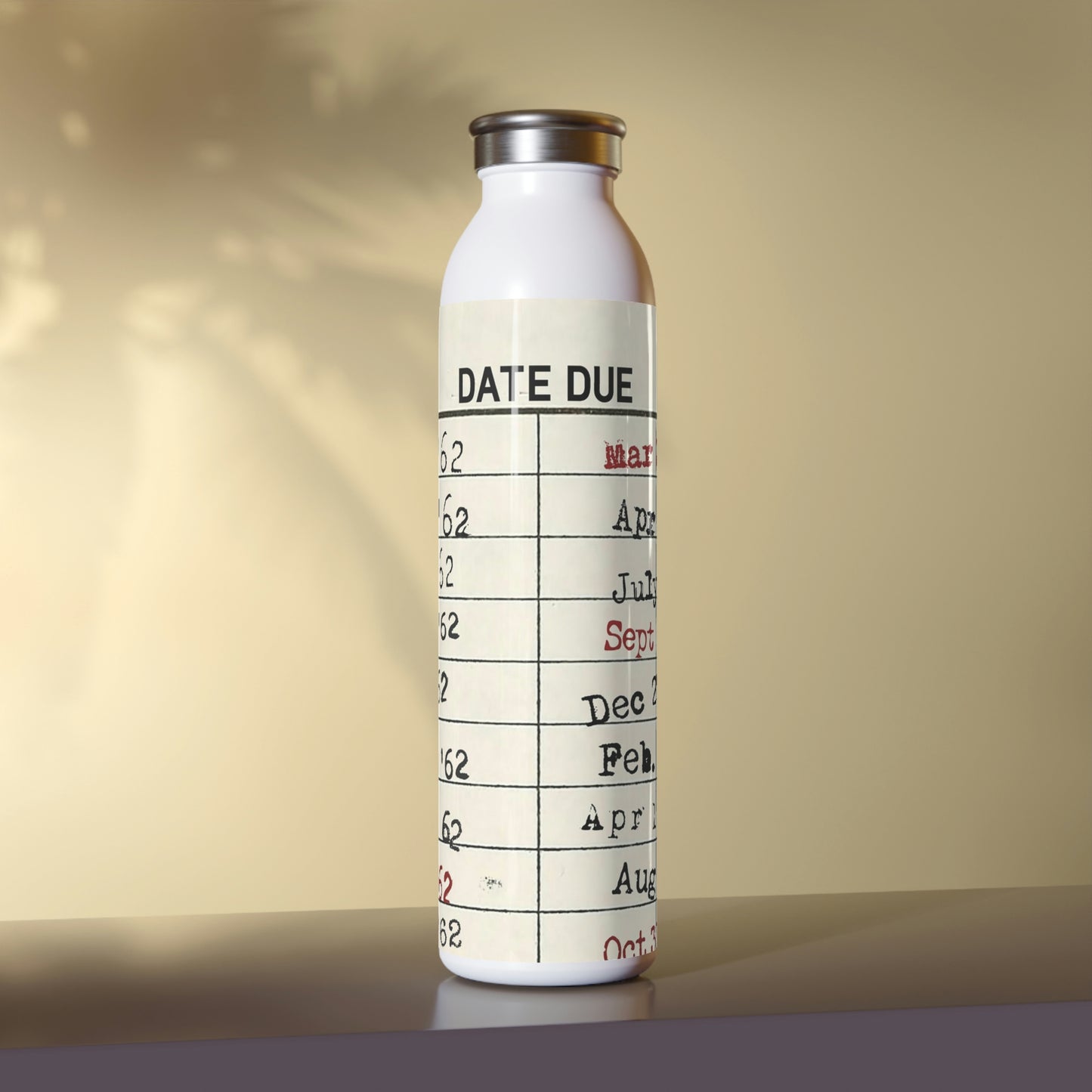 Vintage Library Due Date Slim Water Bottle, 20oz, White