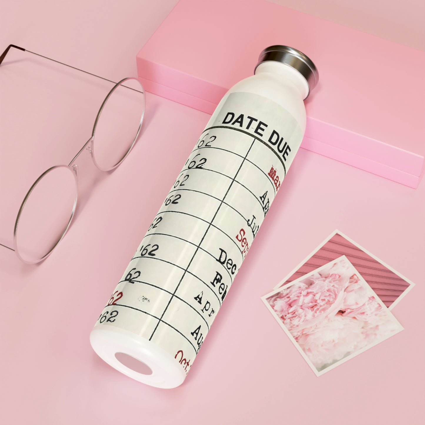 Vintage Library Due Date Slim Water Bottle, 20oz, White