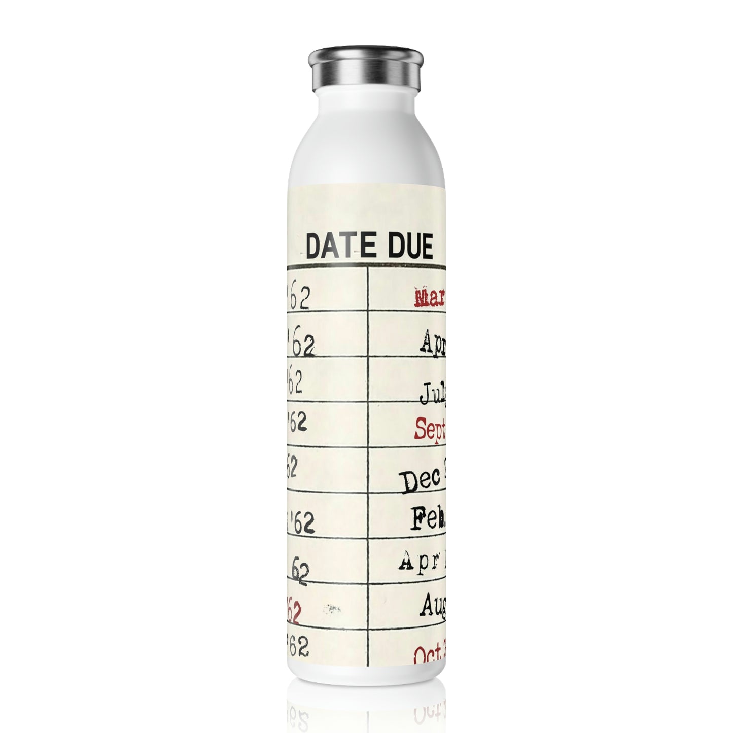 Vintage Library Due Date Slim Water Bottle, 20oz, White