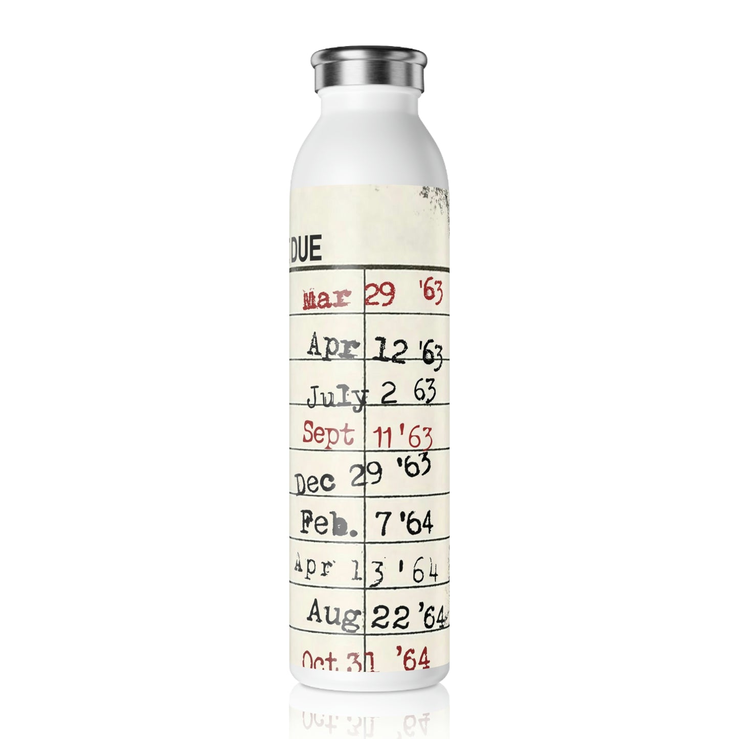 Vintage Library Due Date Slim Water Bottle, 20oz, White