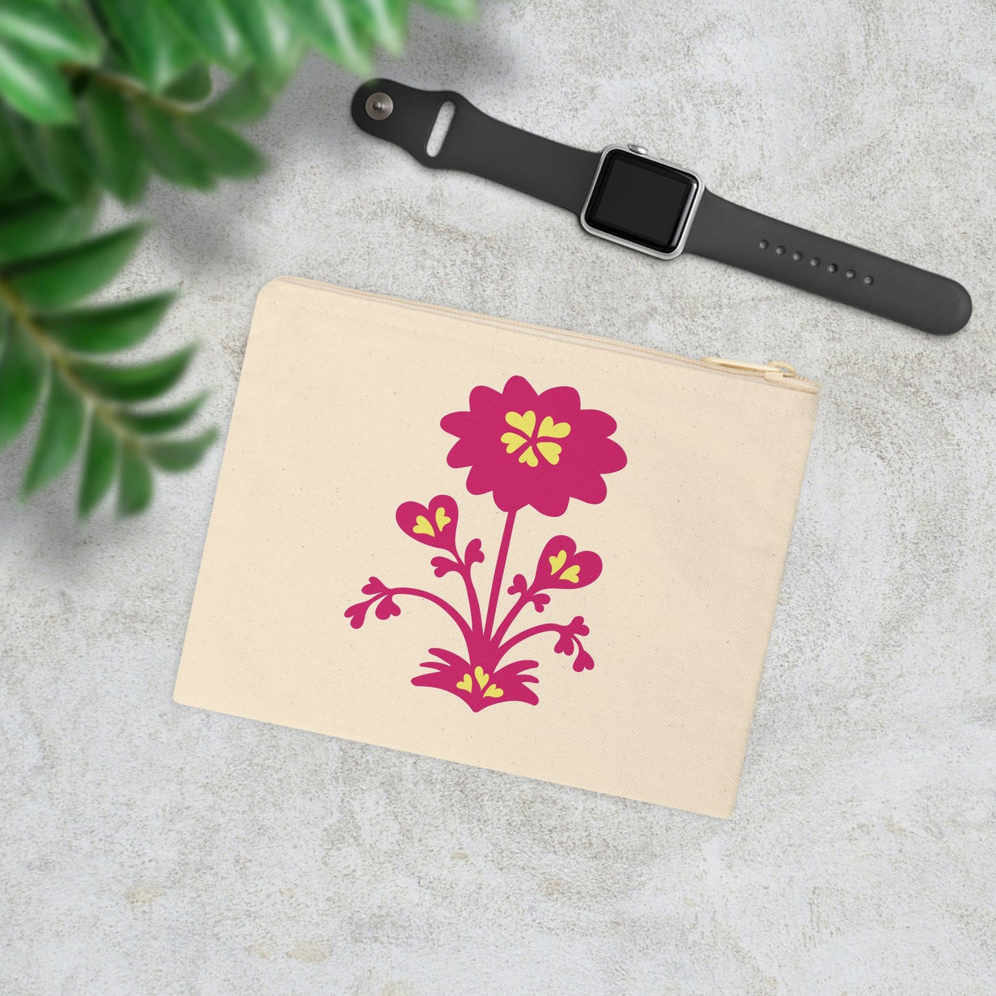 Pink Floral Cotton Zipper Pouch 8.3" x 7.8"