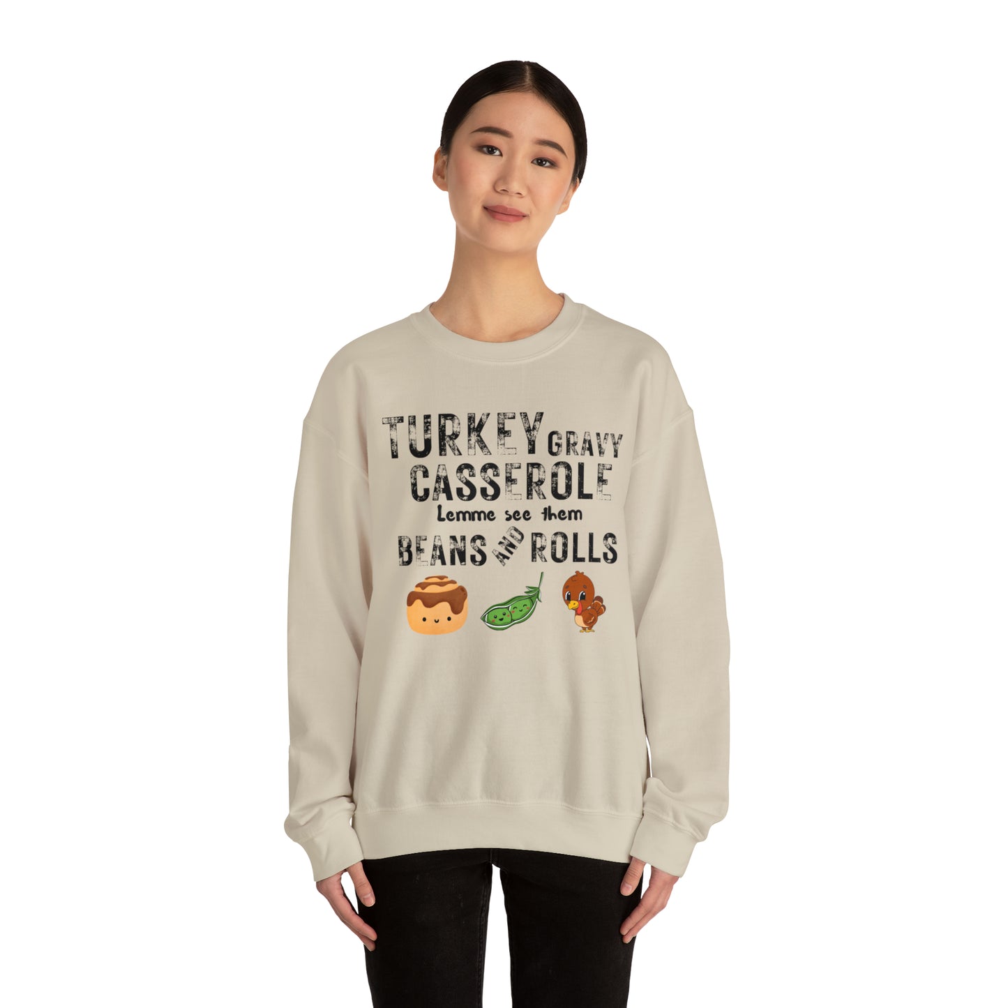 Funny Turkey Thanksgiving Unisex Crewneck Sweatshirt, Turkey Gravy Beans and Rolls, Casserole Sweatshirt