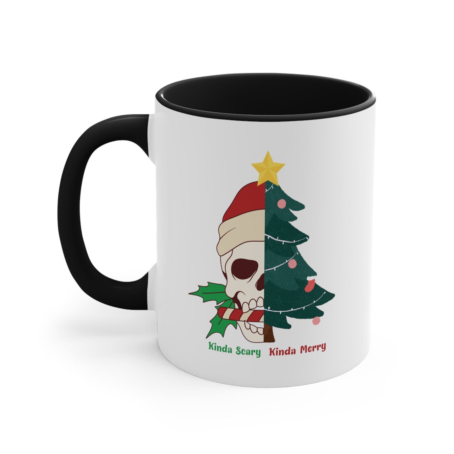 Kinda Scary Kindsa Merry Mug, Funny Christmas Mugt, Cute Spooky Season Mug, Custom Christmas Skeleton Mug, Accent Coffee Mug, 11oz, 4 colors