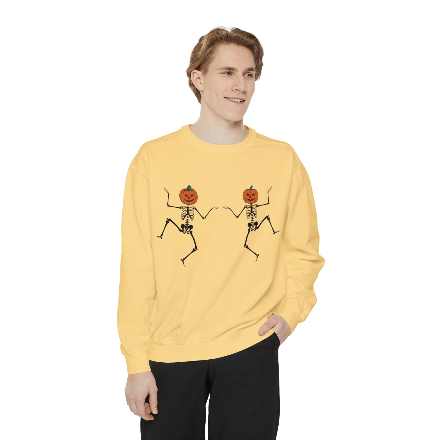 Pumpkin Skeletons Dancing, Comfort Colors, Crewneck, Unisex Garment-Dyed Sweatshirt