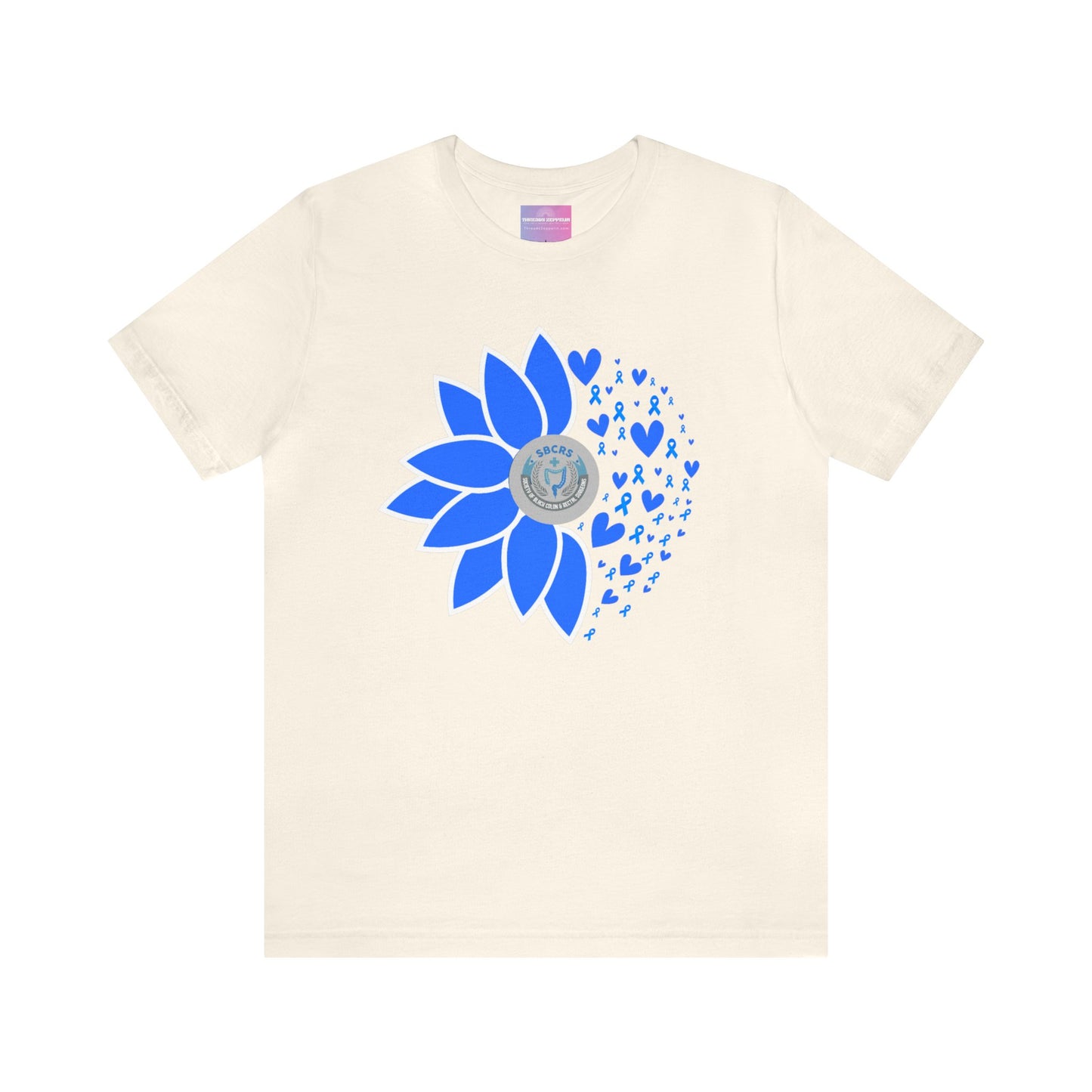 Colorectal Cancer Awareness Sunflower Blue Ribbon Tshirt with SBCRS logo