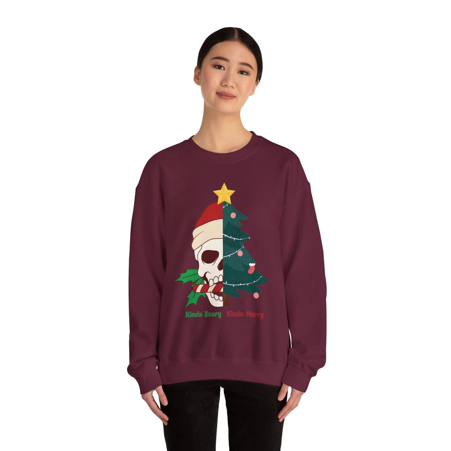 Kinda Scary Kinda Merry Crewneck, Funny Christmas Sweatshirt, Cute Spooky Season Sweater, Custom Christmas Skeleton Sweatshirt, Unisex