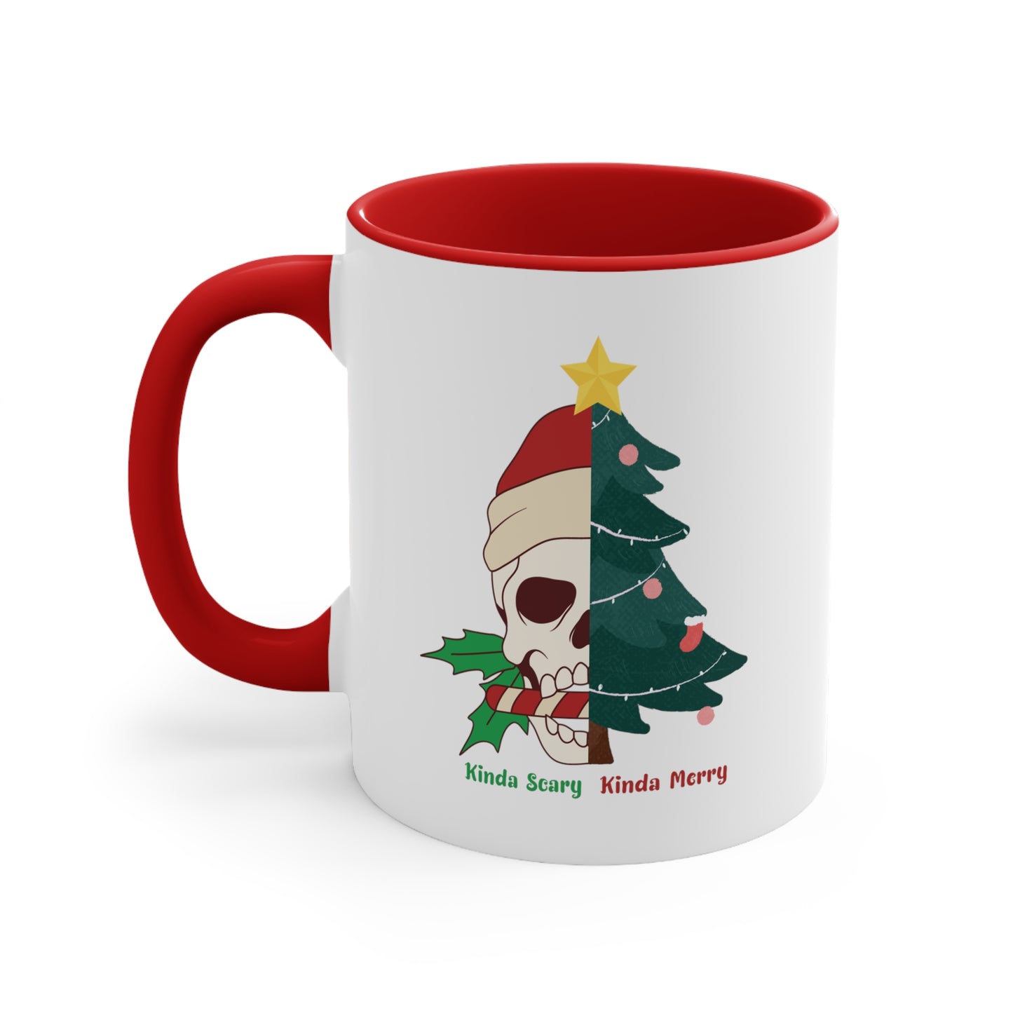 Kinda Scary Kindsa Merry Mug, Funny Christmas Mugt, Cute Spooky Season Mug, Custom Christmas Skeleton Mug, Accent Coffee Mug, 11oz, 4 colors