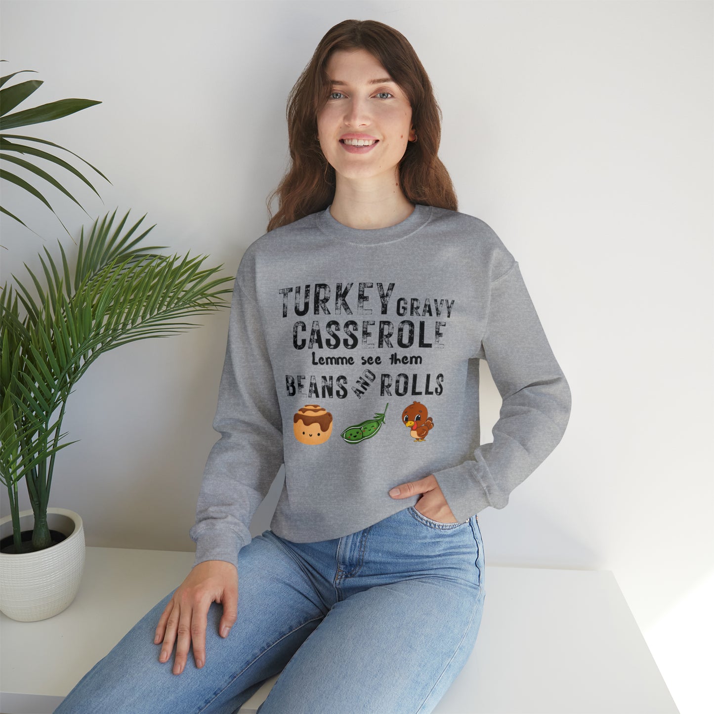 Funny Turkey Thanksgiving Unisex Crewneck Sweatshirt, Turkey Gravy Beans and Rolls, Casserole Sweatshirt