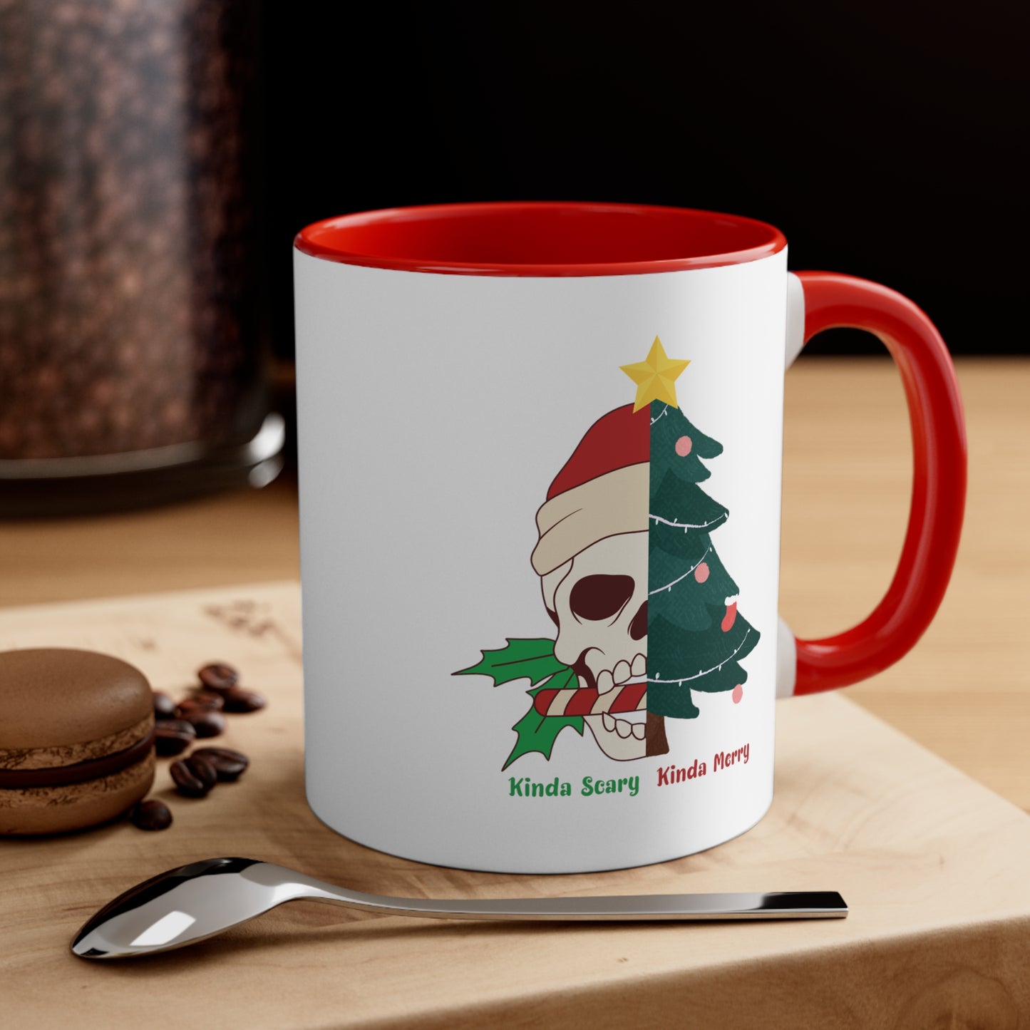 Kinda Scary Kindsa Merry Mug, Funny Christmas Mugt, Cute Spooky Season Mug, Custom Christmas Skeleton Mug, Accent Coffee Mug, 11oz, 4 colors