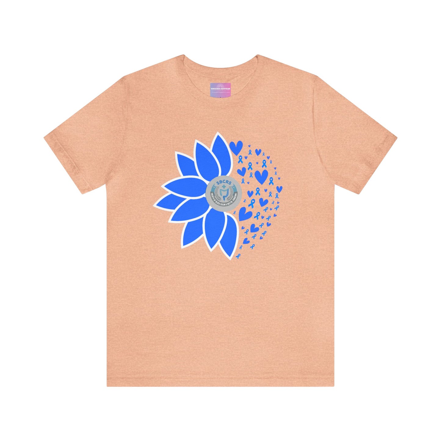 Colorectal Cancer Awareness Sunflower Blue Ribbon Tshirt with SBCRS logo