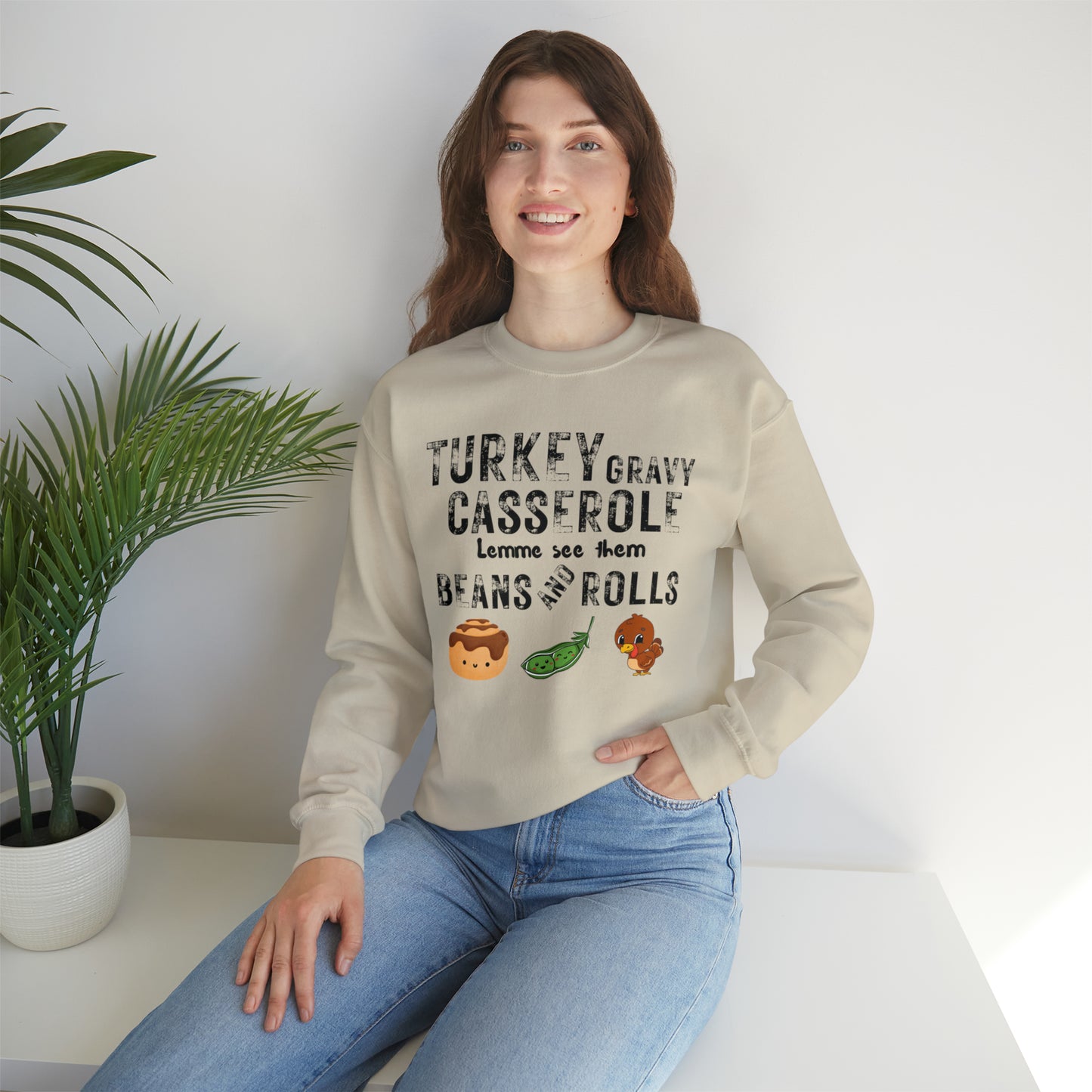 Funny Turkey Thanksgiving Unisex Crewneck Sweatshirt, Turkey Gravy Beans and Rolls, Casserole Sweatshirt