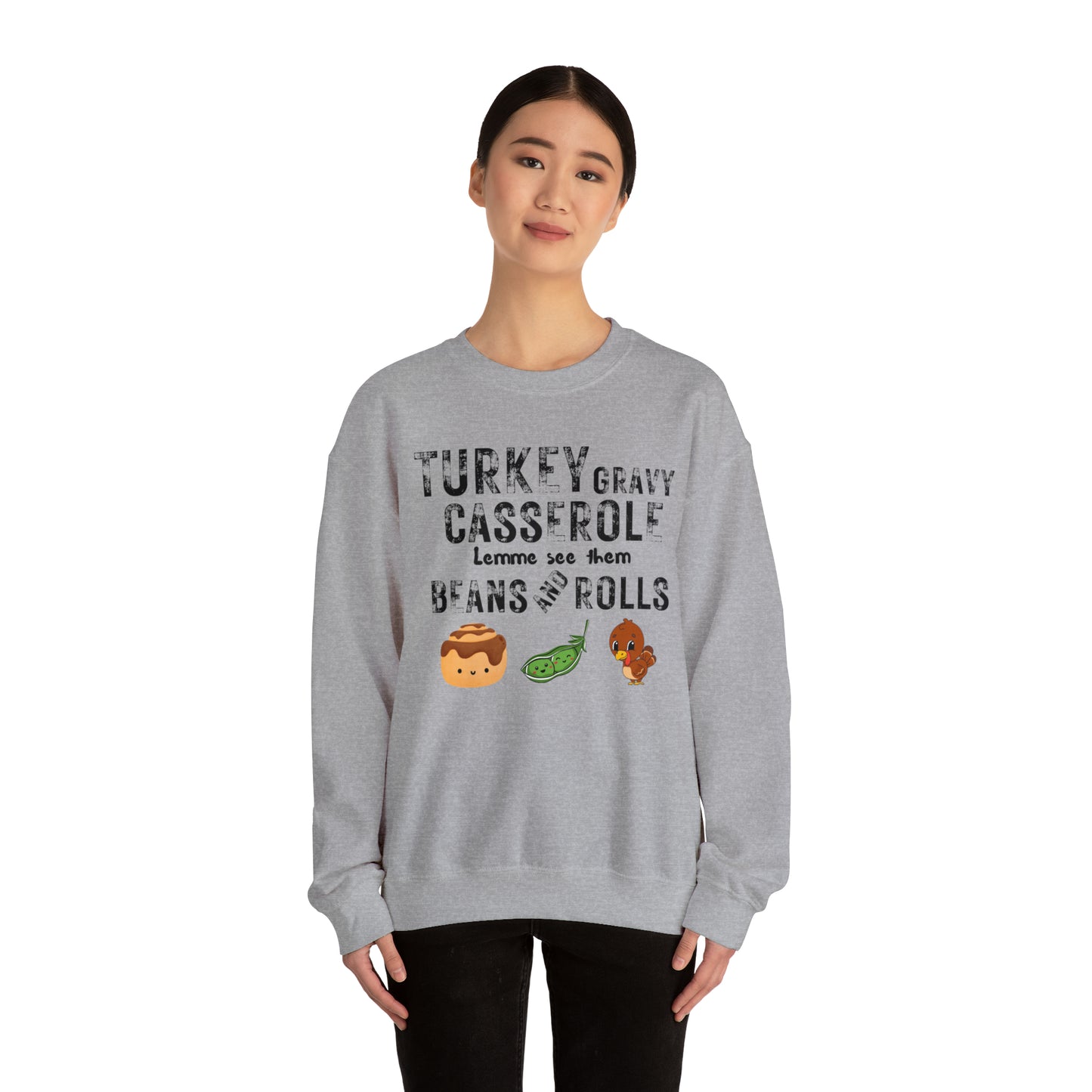 Funny Turkey Thanksgiving Unisex Crewneck Sweatshirt, Turkey Gravy Beans and Rolls, Casserole Sweatshirt