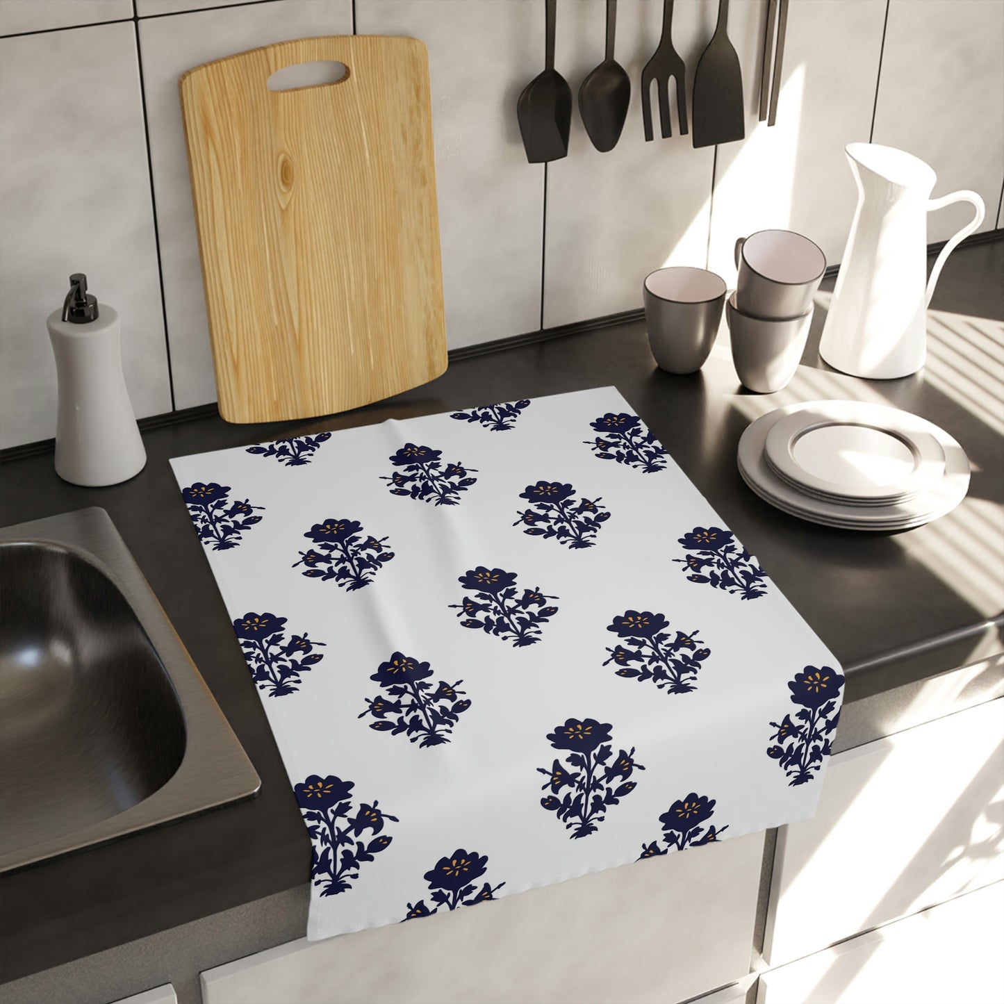 Blue Floral Indian Block Print Tea & Kitchen Towel, Flour Sack Towels