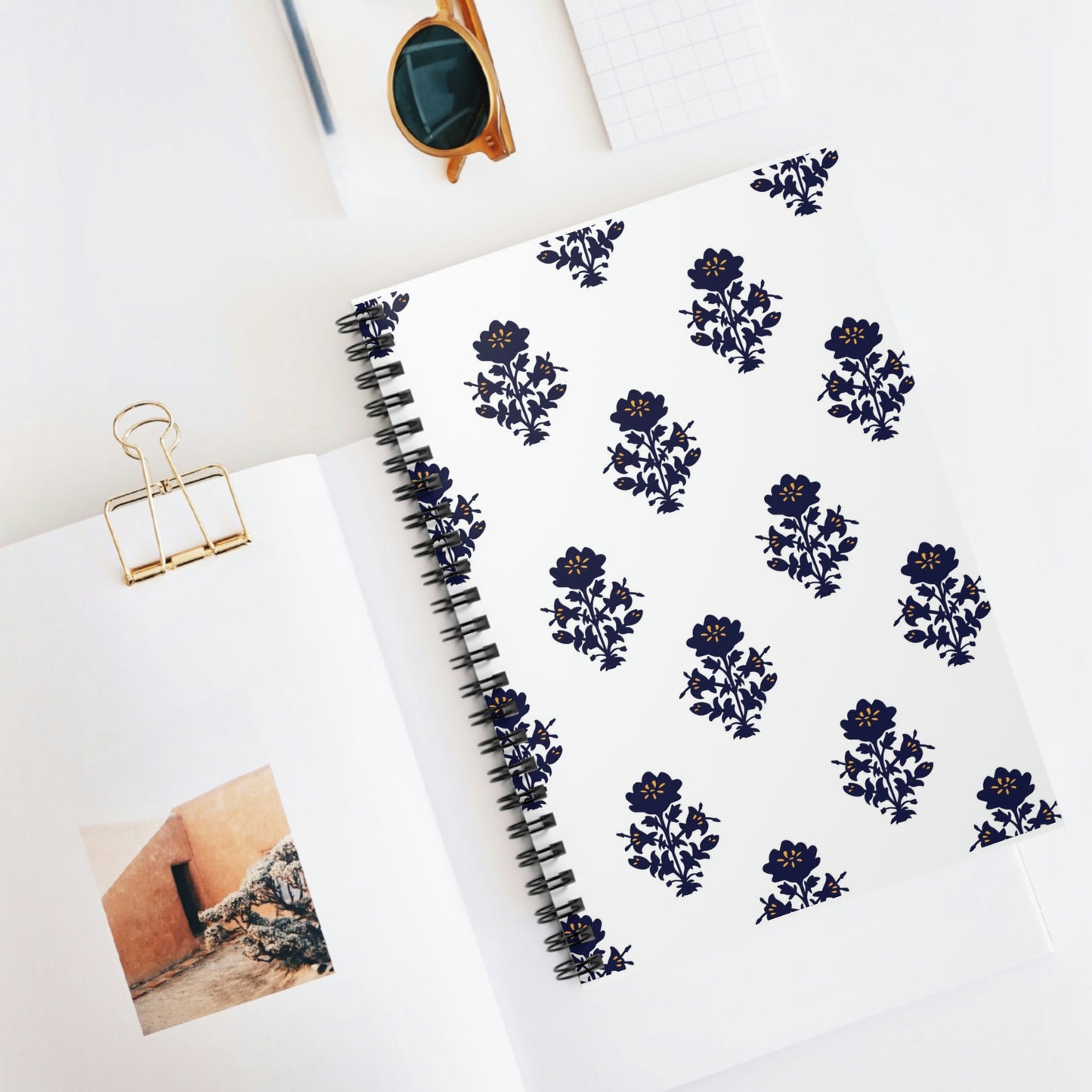 Blue Floral Spiral Notebook - Ruled Line, Indian Block Print