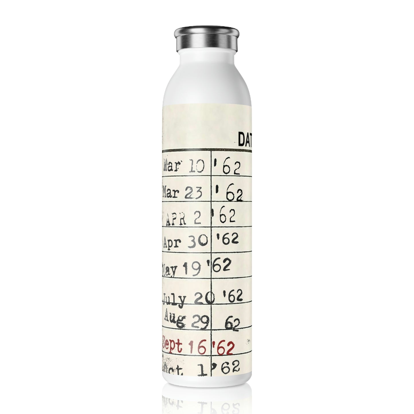 Vintage Library Due Date Slim Water Bottle, 20oz, White